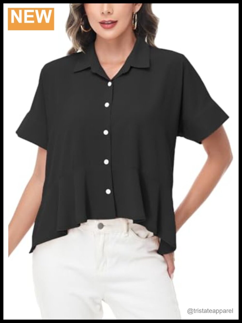 Women's Short Sleeve Chiffon Button Down Shirt Loose Fit Ruffle Hem Blouse